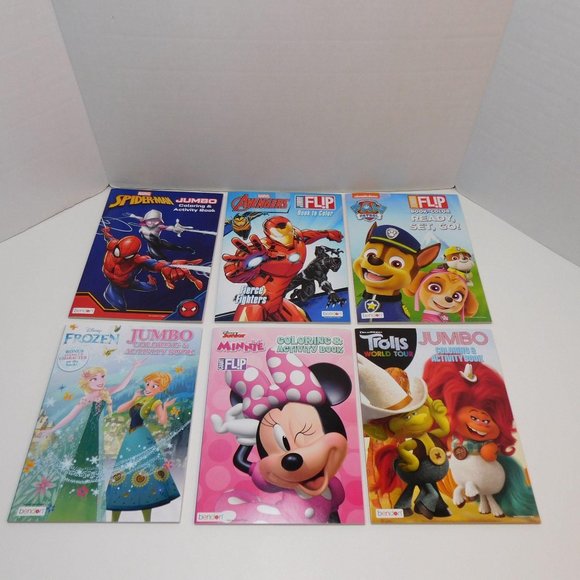 6 Coloring & Activity Books, Spider-Man Avengers Trolls Frozen Paw Patrol Minnie - Picture 1 of 5